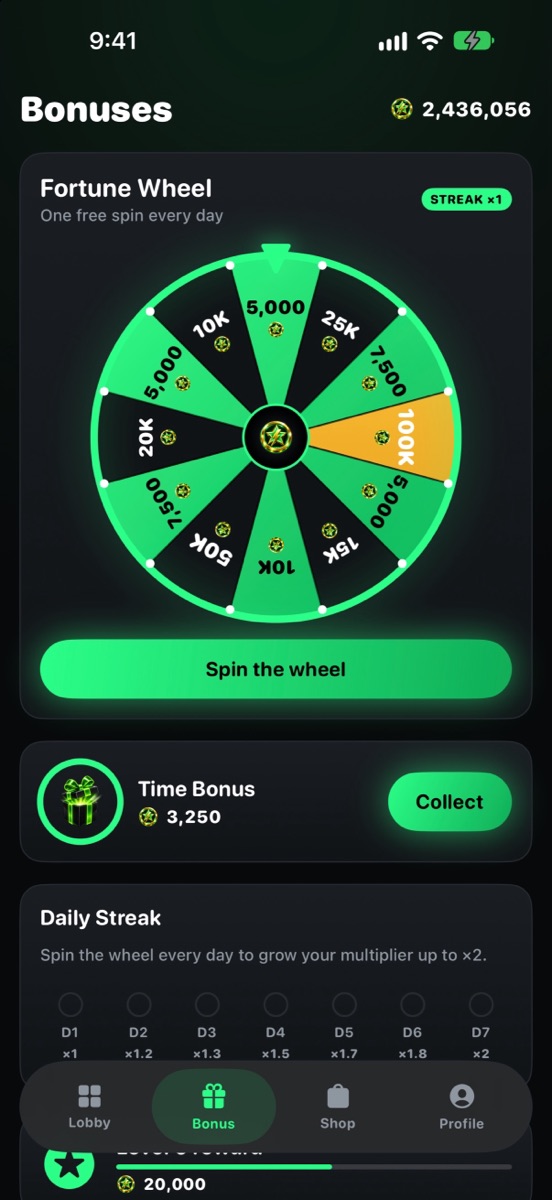 The bonus screen with the daily fortune wheel and time bonus
